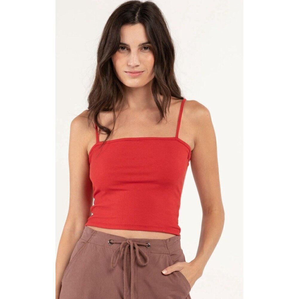 Heart & Hips Womens Solid Red Ribbed Square Neck Cami Tank Top Medium